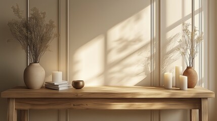 Elegant Minimalist Interior with Wooden Table, Ceramic Vase, and Dried Flowers. Zoom Virtual Background. Virtual Meeting. Cozy Interior Backdrop, Stylish Living Room Design. Contemporary Spaces
