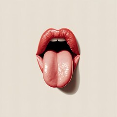 A close-up shot of a woman's mouth with red lipstick, her tongue sticking out. The background is a plain, off-white color.