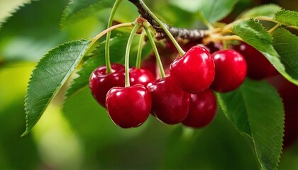 Plump Cherries Hanging on a Tree Branch