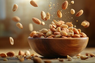 Almonds falling into a wooden bowl on a wooden surface creating a dynamic and visually appealing composition