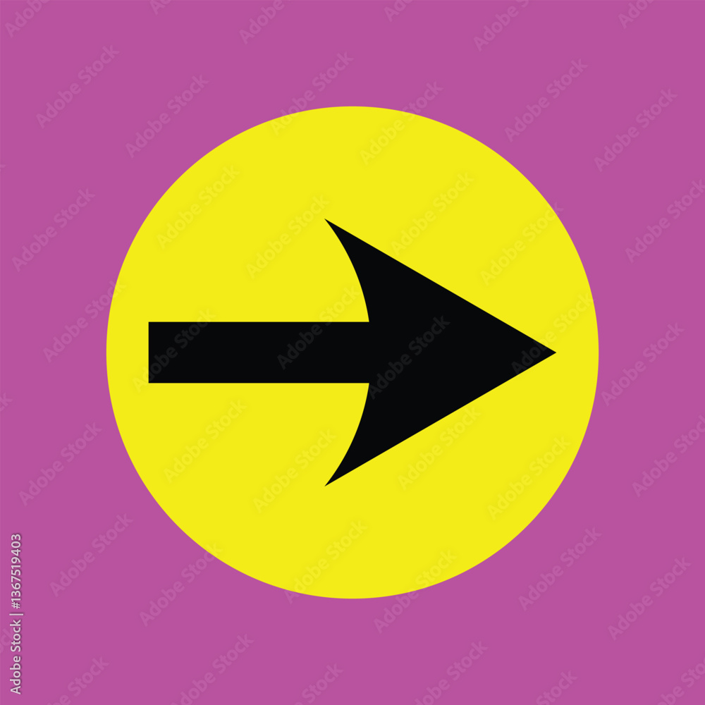 Poster black arrow in yellow circle sign. single headed black arrow icon. black pointer in circle icon on v