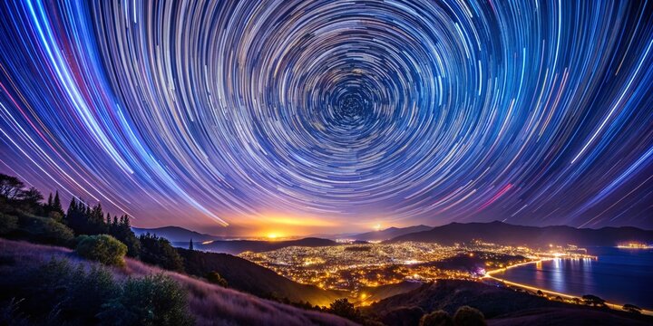 Dramatic Low-Light Coriolis Effect Visualization: Rotating Star Trails Over Cityscape