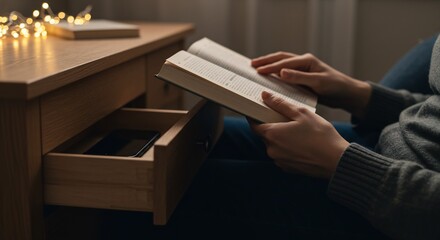 Cozy Evening at Home: Person Reading a Book by Soft Candlelight with a Phone in a Drawer