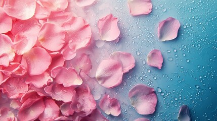 Obraz premium Pink petals of flowers are scattered on a blue background
