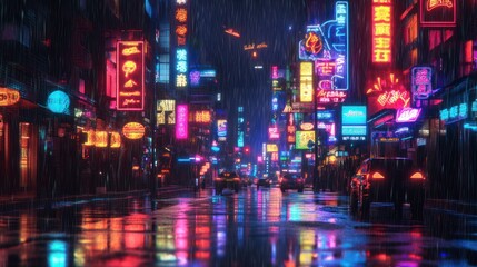 Neon Cityscape in Rain Colorful Street Reflections at Night