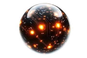 3D Weightless Metallic Sphere with Glowing Circular Patterns.