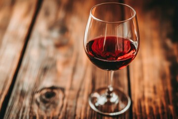 Glass of red wine on wooden table with warm lighting. Neural network AI generated