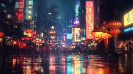 Walking in Rainy Chinatown Street with Neon Lights and Reflections at Night