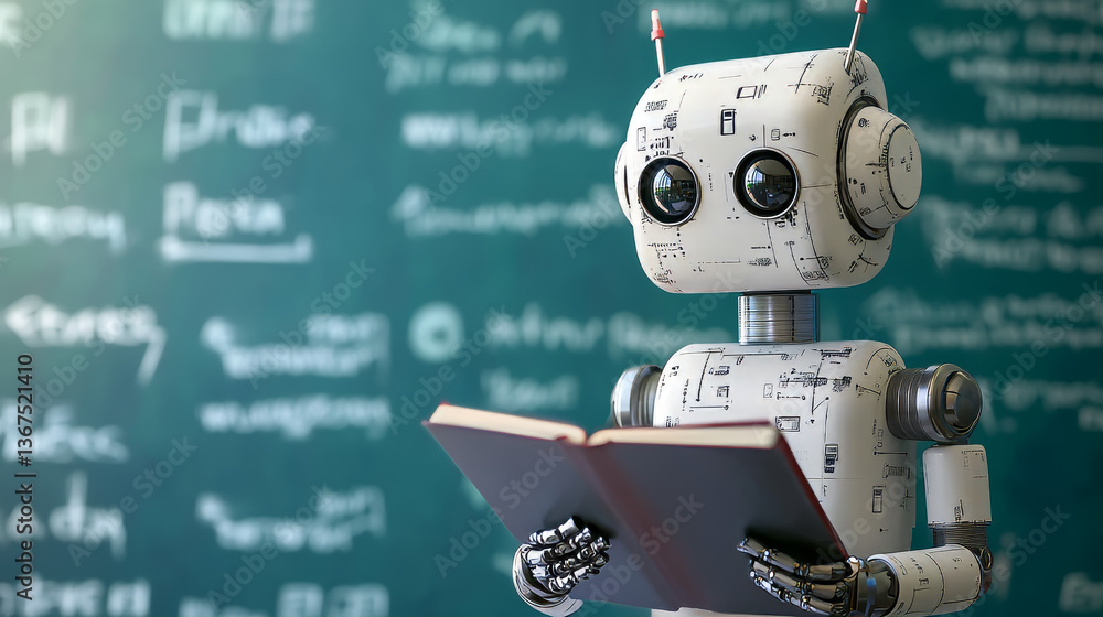 Poster isometric science teacher bot concept. artificial intelligence, knowledge expertise intelligence lea