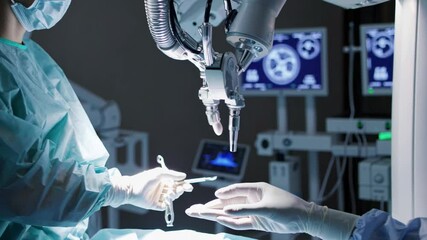 Surgical robot passing scissors to surgeon in operating room