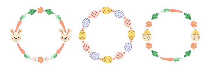 Happy Easter Round 3 frames with chicken, hares and eggs. Happy Easter hand drawn card on white background. Empty space for inscription in the center. Flat illustration with partial outline. Isolated