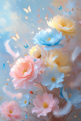 The text describes a dreamy, pastel-colored floral arrangement with delicate petals, light background, small butterflies, and feathery accents, creating an elegant, romantic, and fairytale-like atmosp