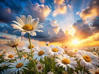 Dreamy Double Exposure: White Daisy Field & Sunlit Sky