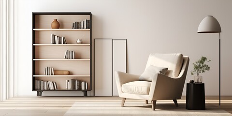 A mockup of an empty black frame on the wall in a contemporary living room, featuring a light-colored 
