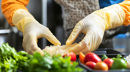Gloved hands prepare food vegetables in professional kitchen setting