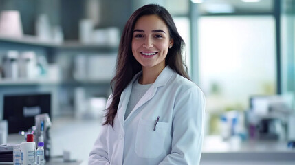 Obraz premium Portrait of a smiling female doctor in a white coat standing in a modern laboratory setting looking forward
