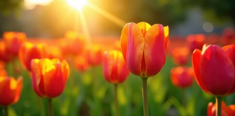 Obraz premium Sunlit field of tulips, various colors close-up, orange, day, outdoor