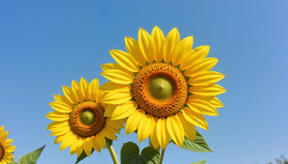 Obraz premium Vibrant sunflowers blooming under a clear blue sky, symbolizing joy and summer
