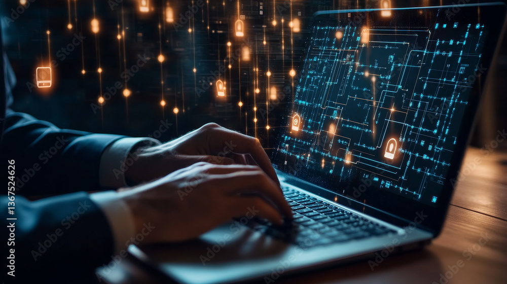 Poster cyber security and data protection system concept. top view of business man using laptop and padlock
