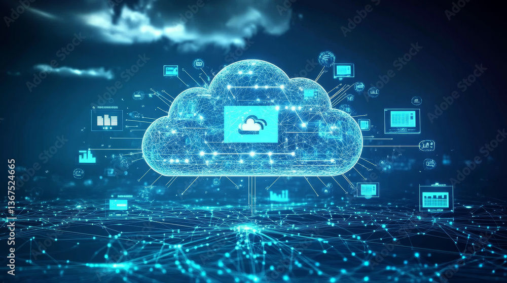 Poster isometric modern cloud technology and networking concept. web cloud technology business. internet da