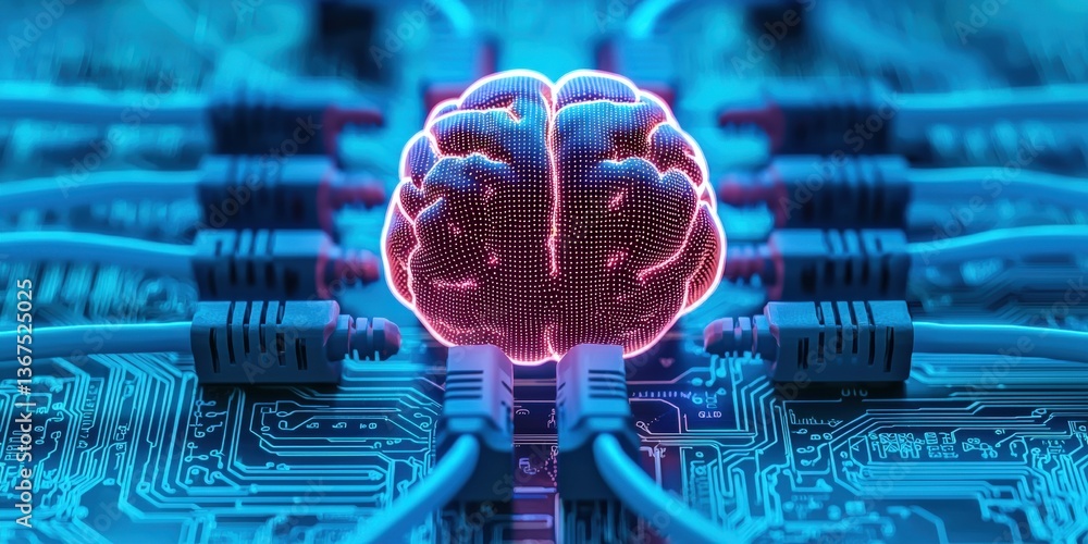 Aufkleber cyber security awareness surveillance network concept. digital brain on circuit board with glowing c