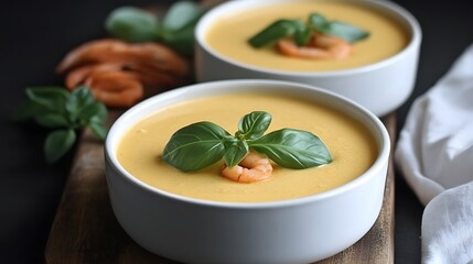 Creamy Shrimp Soup in White Bowls Garnish with Basil