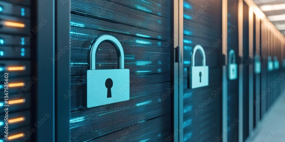 Poster cyber security awareness surveillance network concept. server room with locked data storage units fo