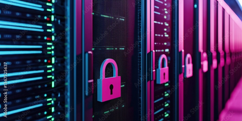 Poster cyber security awareness surveillance network concept. data servers with security locks in a vibrant