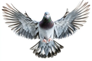 Pigeon flying, wings spread wide, detailed grey feather texture, isolated.