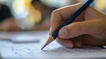 The student filling out answers to exam test answer sheet with a pencil. School and Education. Test score sheet with answers