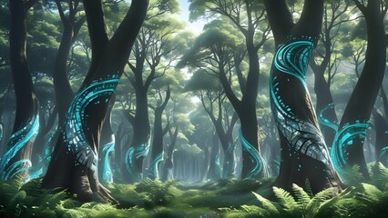 Digital patterns running along the trees