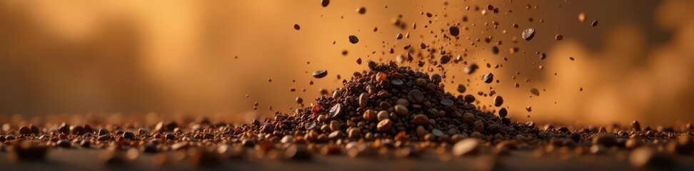 Obraz premium Fine black tea leaves explode in mid-air, forming a brown cloud , nature, movement, black tea