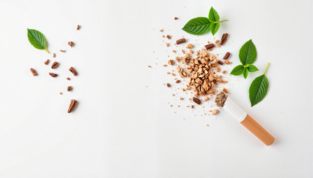 Broken cigarette with scattered tobacco and fresh mint leaves on white background