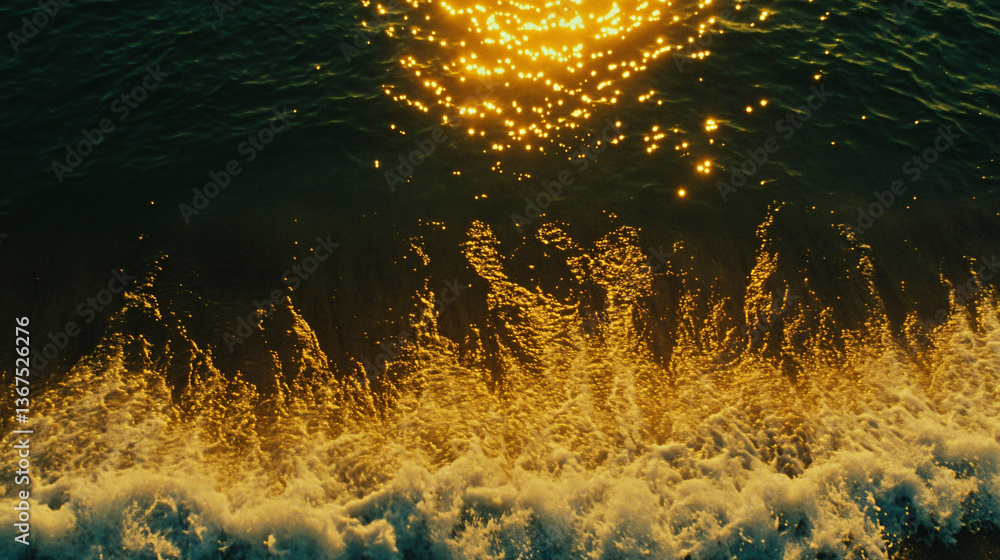 Poster a powerful wave crashing into the shore at sunset capturing the rhythmic dynamics of nature with bea