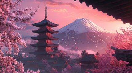 Sunrise at Mount Fuji, Japan, soft light illuminating the mountain peak, cherry blossoms in the foreground