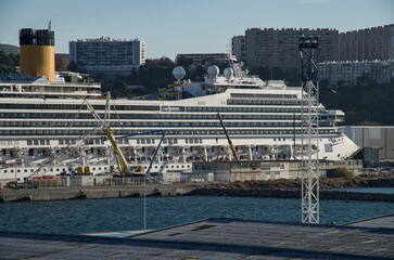 Modern cruise ship cruiseship liner Fortuna in dry dock maintenance modernization process at...