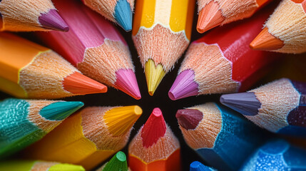 Colorful pencils arranged in a circular pattern