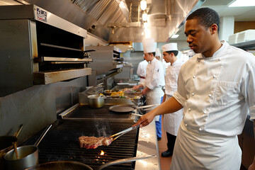 A professional chef grilling a steak in a busy restaurant kitchen, with other chefs collaborating and preparing food in the background. Vibrant culinary teamwork scene.
