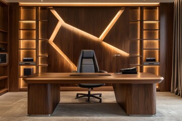 Artistic wooden wall paneling for a stylish executive office.