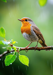 Fototapeta premium Bird is perched on a branch in the rain. The bird is small and brown, with a white belly. The rain is falling steadily, creating a peaceful and calming atmosphere