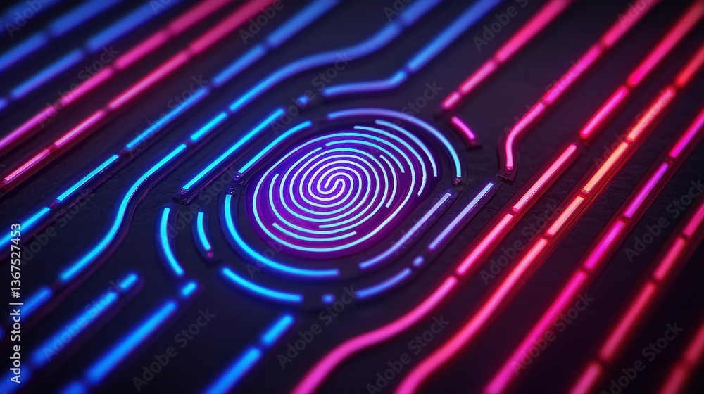 Poster cyber security awareness surveillance network concept. abstract fingerprint design with neon lines a