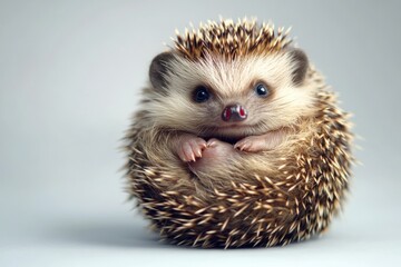 Fototapeta premium Baby hedgehog curled into a ball, tiny soft quills, adorable face, ultra-detailed, isolated.
