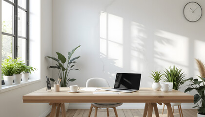 Fototapeta premium Bright and airy home office with a wooden desk and many green plants