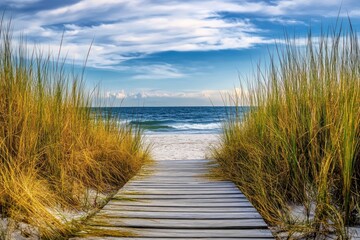 Beach grass framing a wooden boardwalk leading toward the sea.