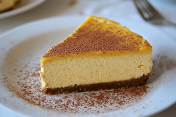 Pumpkin cheesecake slice, spiced with cinnamon and nutmeg.