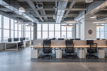 Modern Urban Office Environment with Spacious Workstation Design and Sleek Minimalist Aesthetics