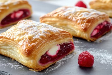 Raspberry danish pastry, buttery puff pastry with raspberry jam and cream cheese filling.