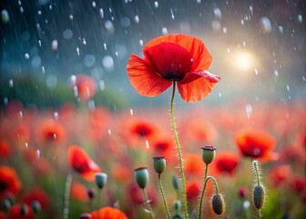 Drone View: Single Tall Poppy in Rainy Red Field, Remembrance & Peace