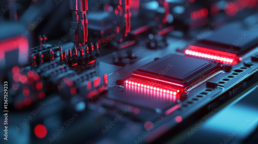 Poster advanced microchip illuminated with red light in industrial environment. computer chip on conveyor l