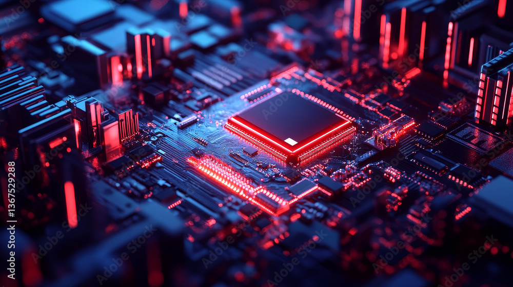 Poster close-up microchip on conveyor line during production and packaging process on semiconductor fab. ad